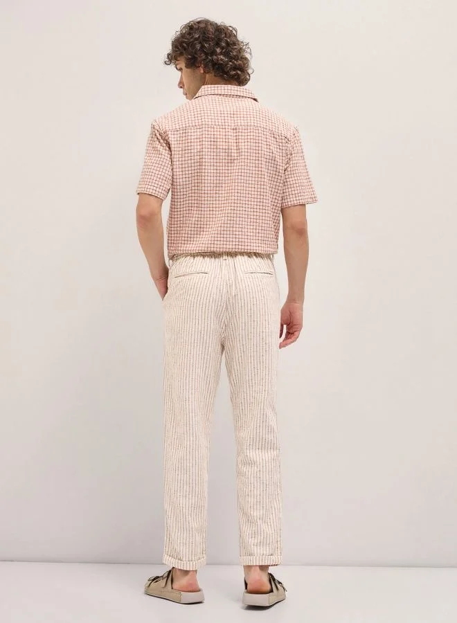 THE BEAR HOUSE Men's Beige Stripes Tapered Fit Elasticated Waist Casual Trouser Versatile Office and Travel Pants Comfortable Fit for Everyday Use Easy to Style Bottomwear for Work Weekend and Outings