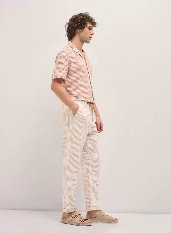 THE BEAR HOUSE Men's Beige Stripes Tapered Fit Elasticated Waist Casual Trouser Versatile Office and Travel Pants Comfortable Fit for Everyday Use Easy to Style Bottomwear for Work Weekend and Outings
