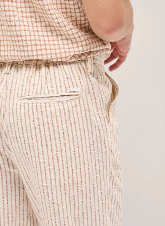 THE BEAR HOUSE Men's Beige Stripes Tapered Fit Elasticated Waist Casual Trouser Versatile Office and Travel Pants Comfortable Fit for Everyday Use Easy to Style Bottomwear for Work Weekend and Outings