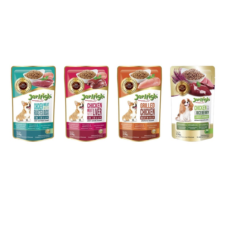 Jerhigh Wet Food for Dog Combo Chicken Meat with Roasted Duck 4pcs, Grilled Chicken Meat 4pcs, Chicken Meat with Liver 4pcs, Chicken with Riceberry Liver Flavor 4pcs in Jelly(16x130g) - Image 1