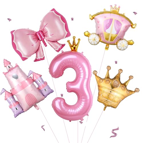 BALONAR Princess Birthday Decoration Castle Carriage Balloons Kit with 40Inch Number 3 Balloons Crown Bowknot Balloons for Girls 3rd Princess Theme Baby Shower Birthday Favor number 3 set - Image 1
