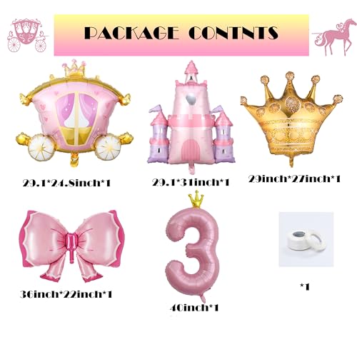 BALONAR Princess Birthday Decoration Castle Carriage Balloons Kit with 40Inch Number 3 Balloons Crown Bowknot Balloons for Girls 3rd Princess Theme Baby Shower Birthday Favor number 3 set - Image 3