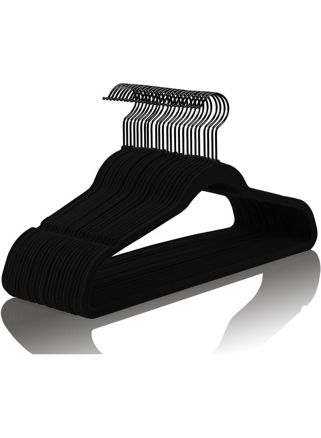 MIZGI MIZGI 100-Pack Premium Full Black Velvet Hangers with Black Hooks Heavy Duty - Non Slip Felt Hangers - 360 Degree Swivel, Space Saving Clothes Hangers, Durable Strong Hangers for Suits, Coat  - Image 1