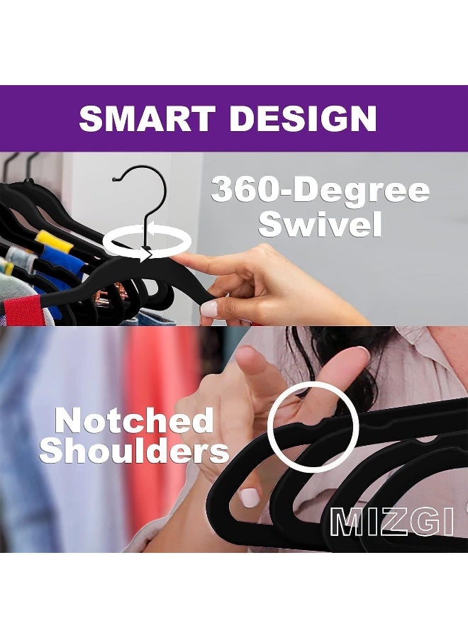 MIZGI MIZGI 100-Pack Premium Full Black Velvet Hangers with Black Hooks Heavy Duty - Non Slip Felt Hangers - 360 Degree Swivel, Space Saving Clothes Hangers, Durable Strong Hangers for Suits, Coat  - Image 3