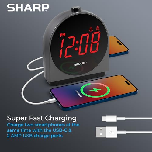 Sharp Alarm Clock for Bedroom, 2 Alarms, Easy to Read Display, Simple Basic Digital Clock with Dual USB and USB-C Charging Ports, Dimmable, Snooze, Perfect for Kids, Teens, Senior, Home Office - Image 3