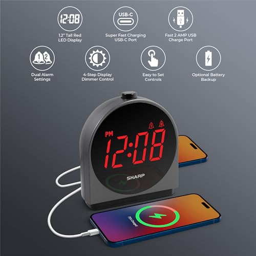 Sharp Alarm Clock for Bedroom, 2 Alarms, Easy to Read Display, Simple Basic Digital Clock with Dual USB and USB-C Charging Ports, Dimmable, Snooze, Perfect for Kids, Teens, Senior, Home Office - Image 2