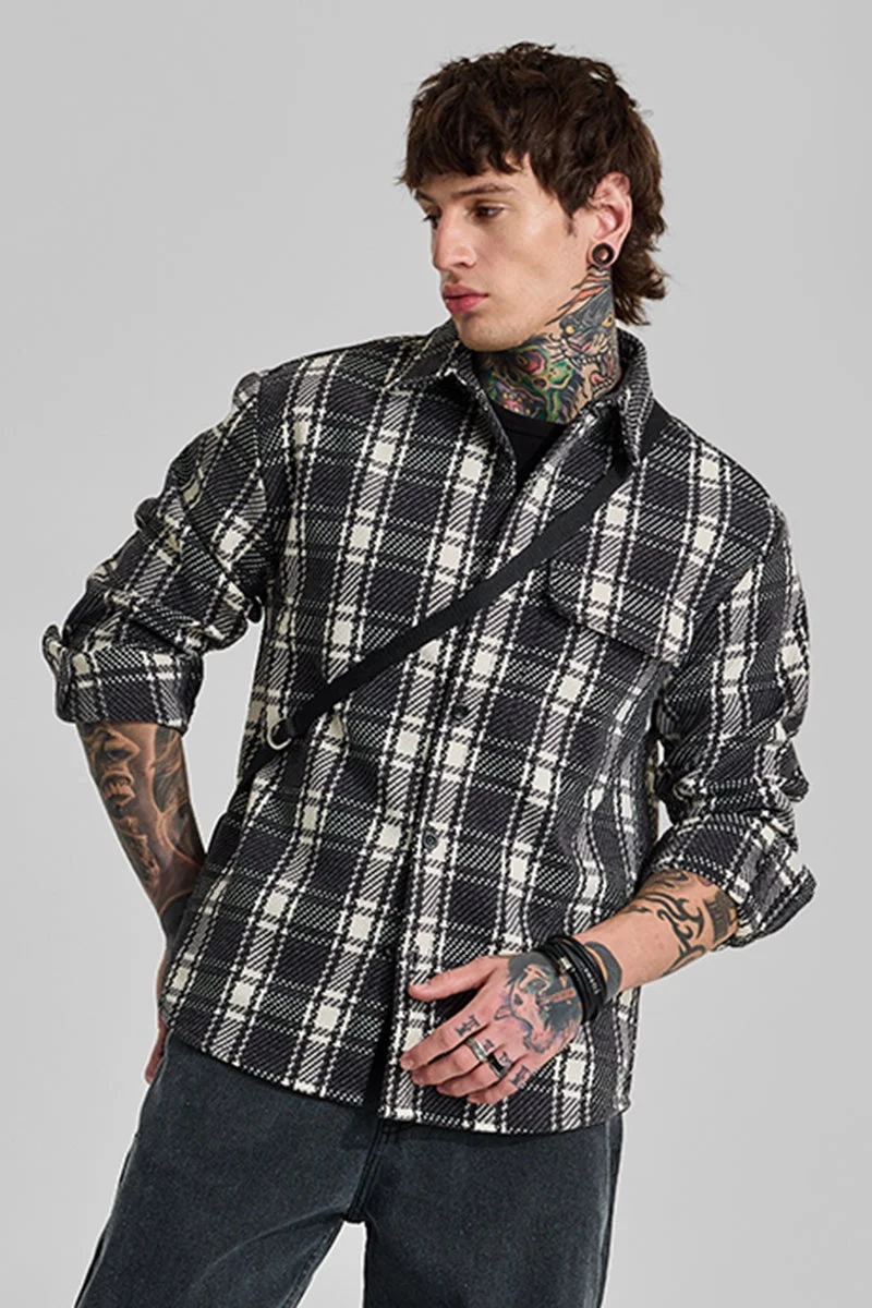 SNITCH Charcoal Grey Checks Relaxed Fit Overshirt