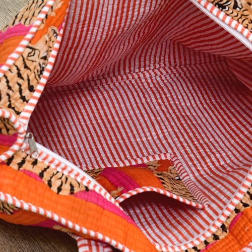 MITTICO Quilted Cotton Tote Bag for Women – Handmade Large Shoulder Handbag with Zipper & Multiple Pockets | Lightweight Travel Tote for Office, Shopping & Daily Use | Orange Tiger Print - Image 4