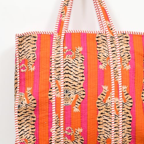MITTICO Quilted Cotton Tote Bag for Women – Handmade Large Shoulder Handbag with Zipper & Multiple Pockets | Lightweight Travel Tote for Office, Shopping & Daily Use | Orange Tiger Print - Image 5
