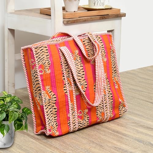 MITTICO Quilted Cotton Tote Bag for Women – Handmade Large Shoulder Handbag with Zipper & Multiple Pockets | Lightweight Travel Tote for Office, Shopping & Daily Use | Orange Tiger Print - Image 3