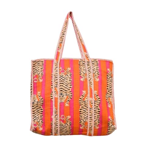 MITTICO Quilted Cotton Tote Bag for Women – Handmade Large Shoulder Handbag with Zipper & Multiple Pockets | Lightweight Travel Tote for Office, Shopping & Daily Use | Orange Tiger Print - Image 1