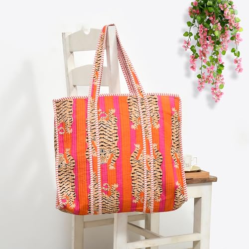 MITTICO Quilted Cotton Tote Bag for Women – Handmade Large Shoulder Handbag with Zipper & Multiple Pockets | Lightweight Travel Tote for Office, Shopping & Daily Use | Orange Tiger Print - Image 2