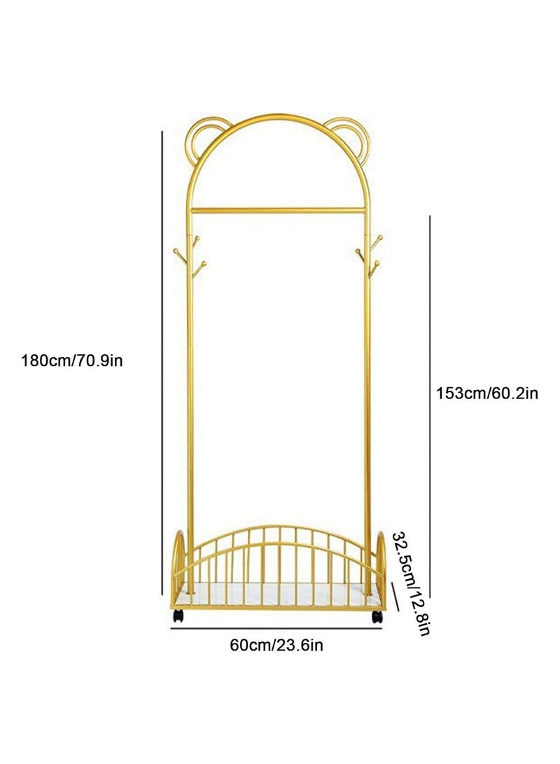 سحابة شماعة ملابس معدنية قوية متحركة بعجلات – مزودة برفوف تخزين سفلية للأحذية، باللون الذهبي، علاقة عبايات ومنظم ملابس أنيق للممرات وغرف النوم - Image 5