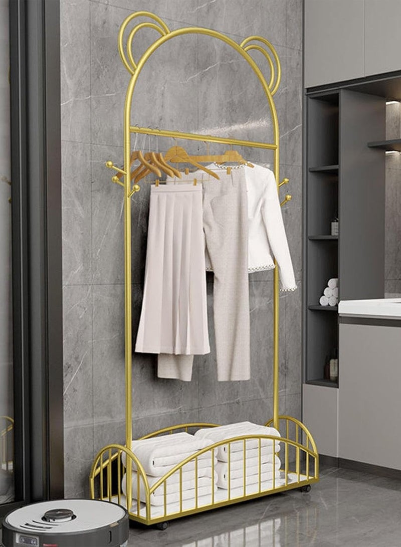 سحابة شماعة ملابس معدنية قوية متحركة بعجلات – مزودة برفوف تخزين سفلية للأحذية، باللون الذهبي، علاقة عبايات ومنظم ملابس أنيق للممرات وغرف النوم - Image 4