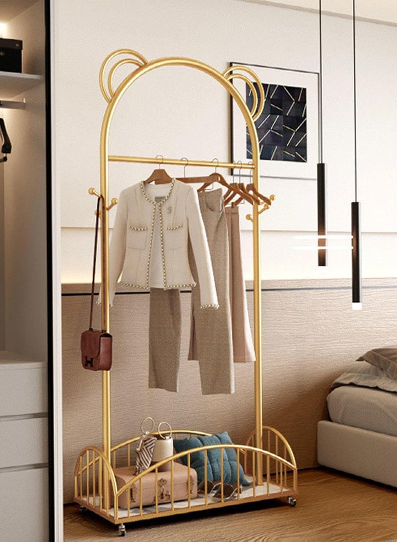 سحابة شماعة ملابس معدنية قوية متحركة بعجلات – مزودة برفوف تخزين سفلية للأحذية، باللون الذهبي، علاقة عبايات ومنظم ملابس أنيق للممرات وغرف النوم - Image 2