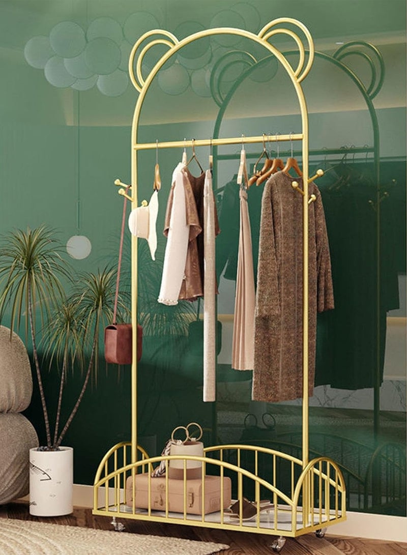 سحابة شماعة ملابس معدنية قوية متحركة بعجلات – مزودة برفوف تخزين سفلية للأحذية، باللون الذهبي، علاقة عبايات ومنظم ملابس أنيق للممرات وغرف النوم - Image 1