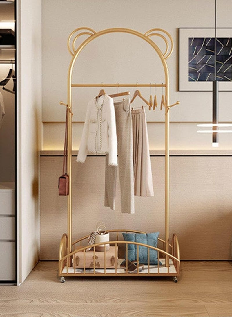 سحابة شماعة ملابس معدنية قوية متحركة بعجلات – مزودة برفوف تخزين سفلية للأحذية، باللون الذهبي، علاقة عبايات ومنظم ملابس أنيق للممرات وغرف النوم - Image 3