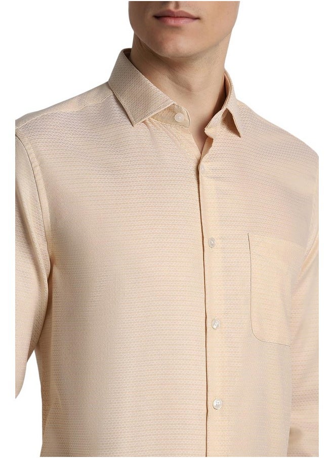 Peter England Peter England Men's Solid Textured Slim Fit Premium 100% Cotton Formal Shirt Premium Twill Weave with 2-Ply Cotton Beige  - Image 5