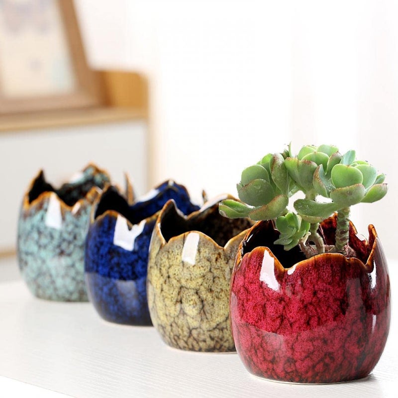 Simcat Succulent Pots with Drainage Half Dragon Egg Shell Design Ceramic Flower Pot 4 Cactus Planter Pots Marble Print Succulent Plant Pots + Bamboo Tray for Home Office Desktop Windowsill DÃ©cor - Image 2