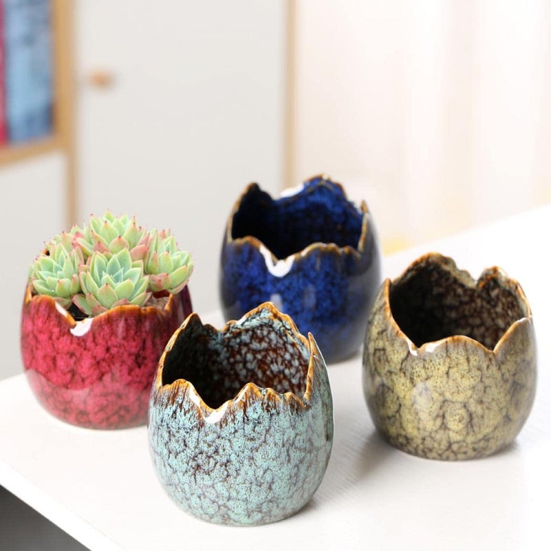 Simcat Succulent Pots with Drainage Half Dragon Egg Shell Design Ceramic Flower Pot 4 Cactus Planter Pots Marble Print Succulent Plant Pots + Bamboo Tray for Home Office Desktop Windowsill DÃ©cor - Image 1
