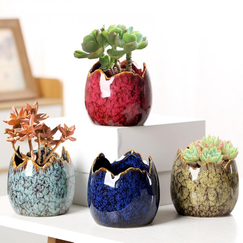 Simcat Succulent Pots with Drainage Half Dragon Egg Shell Design Ceramic Flower Pot 4 Cactus Planter Pots Marble Print Succulent Plant Pots + Bamboo Tray for Home Office Desktop Windowsill DÃ©cor - Image 3