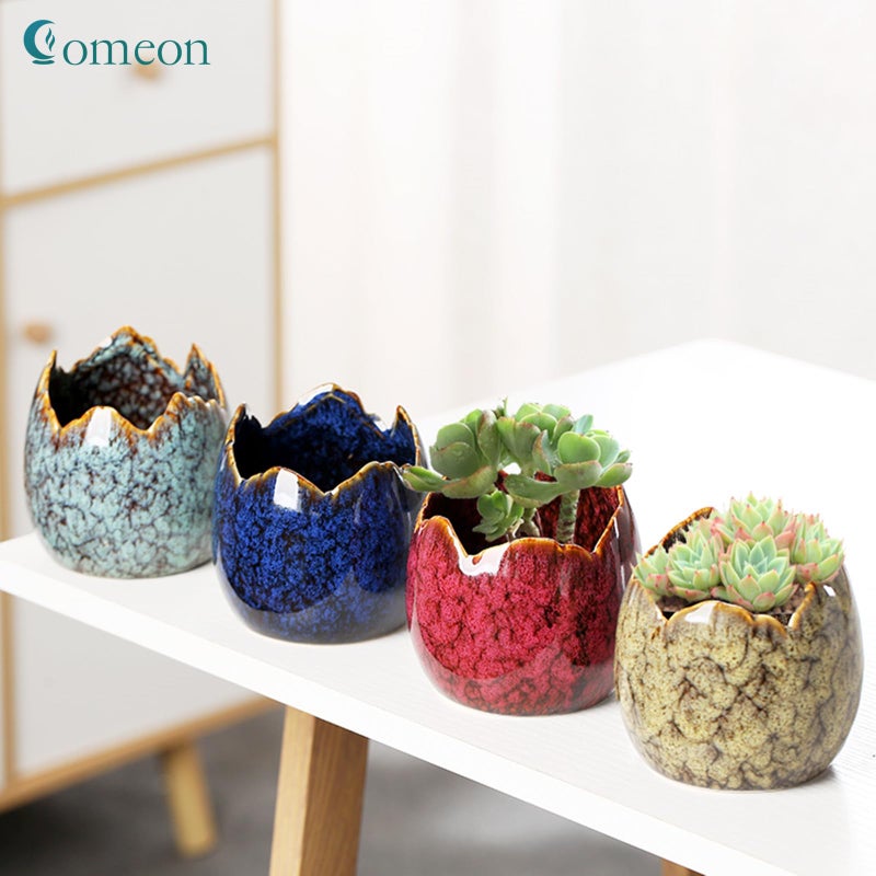 Simcat Succulent Pots with Drainage Half Dragon Egg Shell Design Ceramic Flower Pot 4 Cactus Planter Pots Marble Print Succulent Plant Pots + Bamboo Tray for Home Office Desktop Windowsill DÃ©cor - Image 4