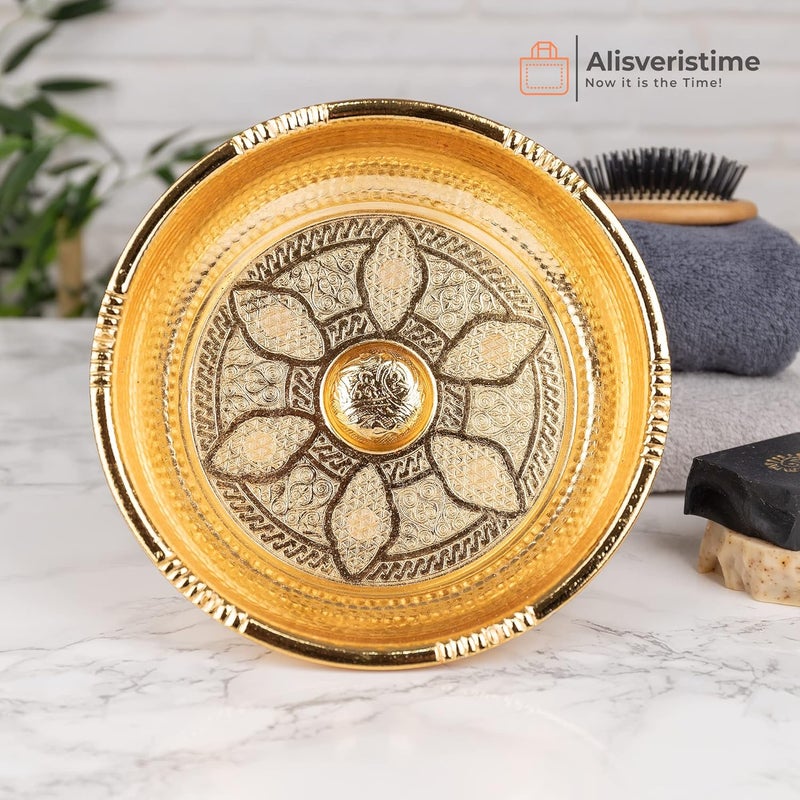 Alisveristime وعاء حمام تركي تقليدي من بأشكال وزخارف أصيلة (وزن 440 جرام، قطر 7.87 بوصة، مصنوع من الزنك، لون ذهبي) - Image 5