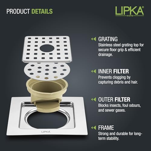 LIPKA 6 x 6 Inch Square Floor Drain with Hole & Cockroach Trap | 304-Grade Stainless Steel | Heavy Duty Bathroom Drain Cover | PVC Trap | Anti-Odor & Insect-Proof Jali for Kitchen, Shower, Balcony - Image 4
