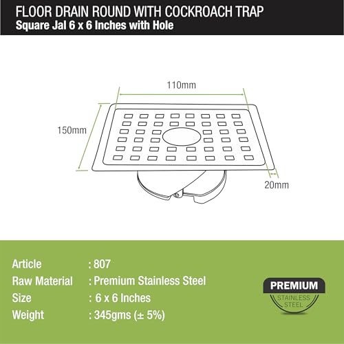 LIPKA 6 x 6 Inch Square Floor Drain with Hole & Cockroach Trap | 304-Grade Stainless Steel | Heavy Duty Bathroom Drain Cover | PVC Trap | Anti-Odor & Insect-Proof Jali for Kitchen, Shower, Balcony - Image 2