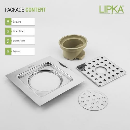 LIPKA 6 x 6 Inch Square Floor Drain with Hole & Cockroach Trap | 304-Grade Stainless Steel | Heavy Duty Bathroom Drain Cover | PVC Trap | Anti-Odor & Insect-Proof Jali for Kitchen, Shower, Balcony - Image 5