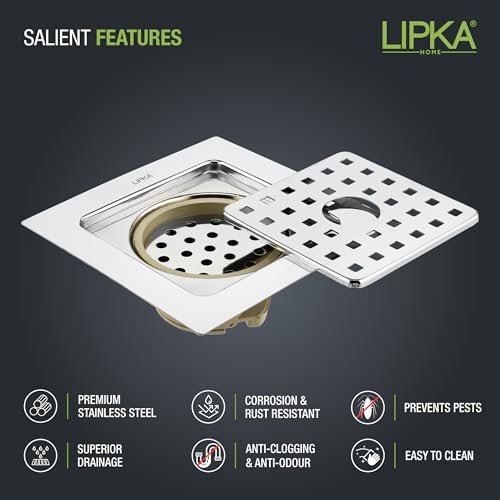 LIPKA 6 x 6 Inch Square Floor Drain with Hole & Cockroach Trap | 304-Grade Stainless Steel | Heavy Duty Bathroom Drain Cover | PVC Trap | Anti-Odor & Insect-Proof Jali for Kitchen, Shower, Balcony - Image 3