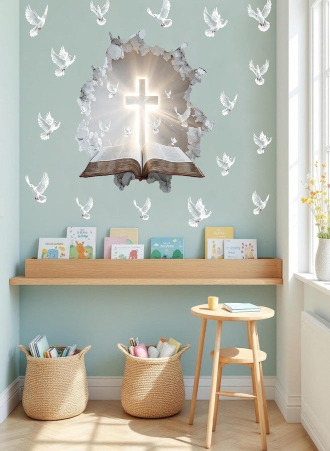 YIMEHDAN 3D Holy Cross Wall Decal, Bible and Pigeon Vinyl Wall Stickers, Removable Blessed Cross Artwork for Christian Religious Prayer Bedroom Living Room Christmas Decor - Image 3