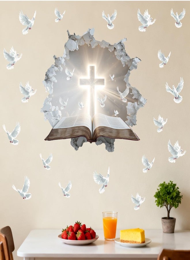 YIMEHDAN 3D Holy Cross Wall Decal, Bible and Pigeon Vinyl Wall Stickers, Removable Blessed Cross Artwork for Christian Religious Prayer Bedroom Living Room Christmas Decor - Image 1