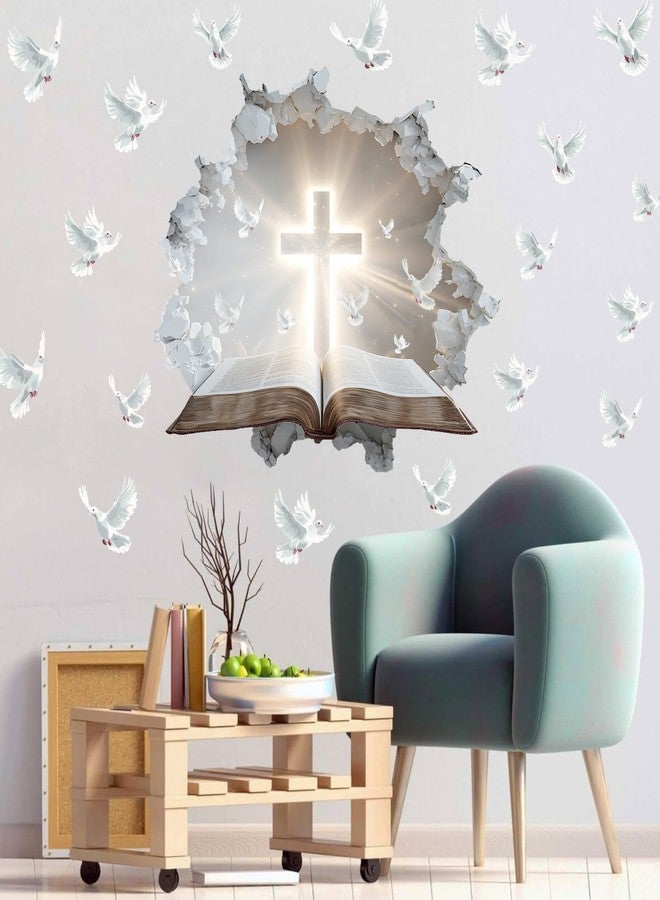 YIMEHDAN 3D Holy Cross Wall Decal, Bible and Pigeon Vinyl Wall Stickers, Removable Blessed Cross Artwork for Christian Religious Prayer Bedroom Living Room Christmas Decor - Image 4