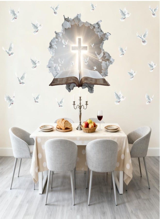 YIMEHDAN 3D Holy Cross Wall Decal, Bible and Pigeon Vinyl Wall Stickers, Removable Blessed Cross Artwork for Christian Religious Prayer Bedroom Living Room Christmas Decor - Image 2