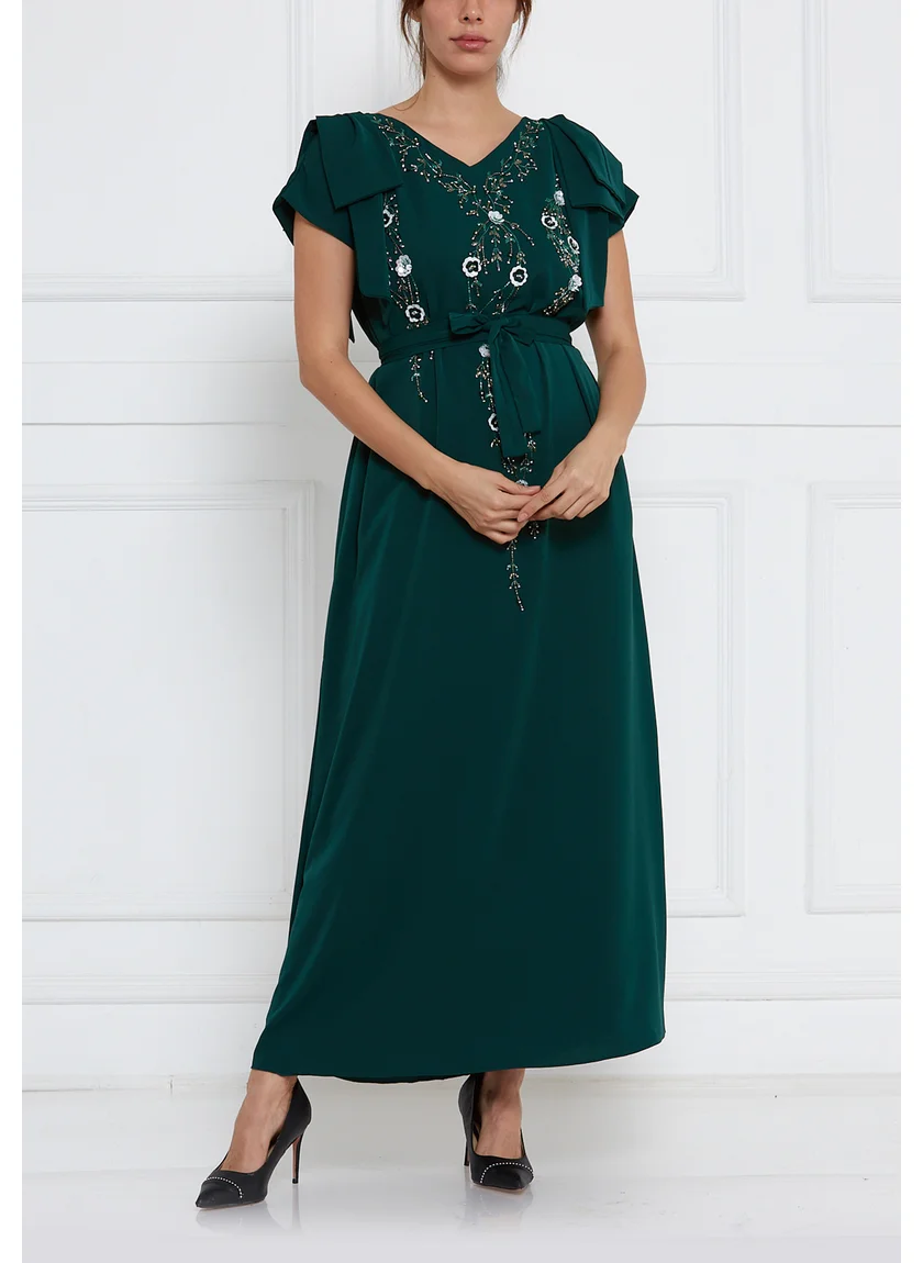 Amri Simple And Elegant Crepe Embroidered Bardot Dress With Short Sleeves And V-Neckline