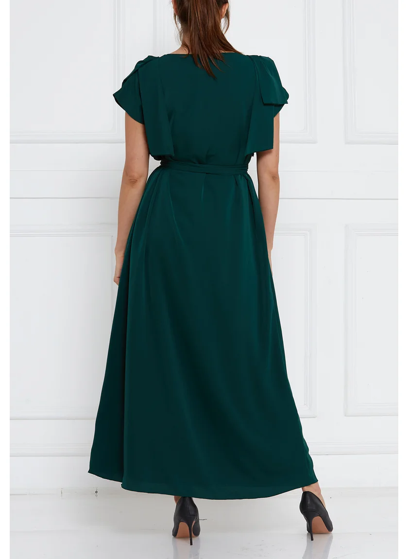 امري Simple And Elegant Crepe Embroidered Bardot Dress With Short Sleeves And V-Neckline