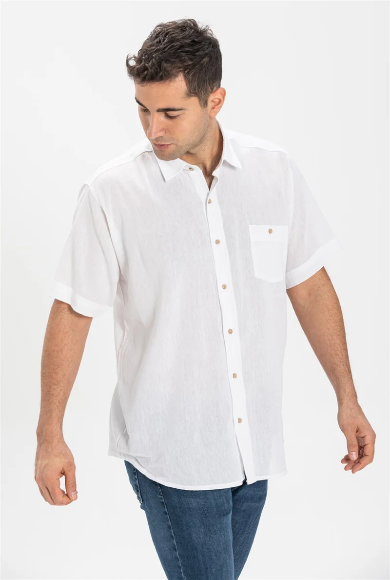 Ören Bayan Short Sleeve Şile Cloth Single Pocket Men's Shirt White 3001