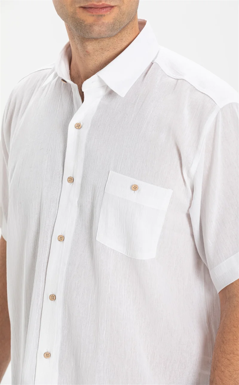 Ören Bayan Short Sleeve Şile Cloth Single Pocket Men's Shirt White 3001