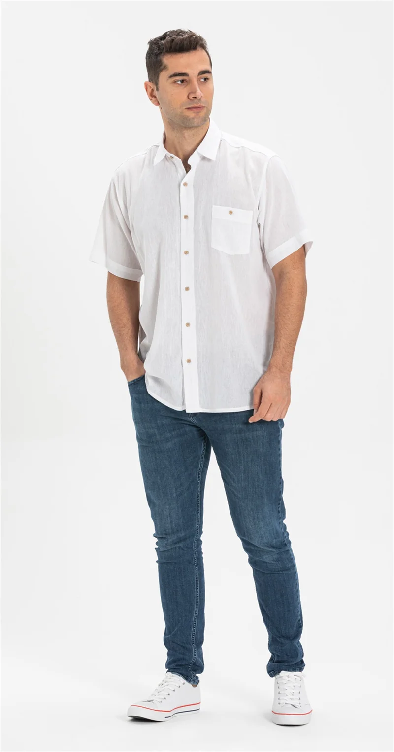 Ören Bayan Short Sleeve Şile Cloth Single Pocket Men's Shirt White 3001