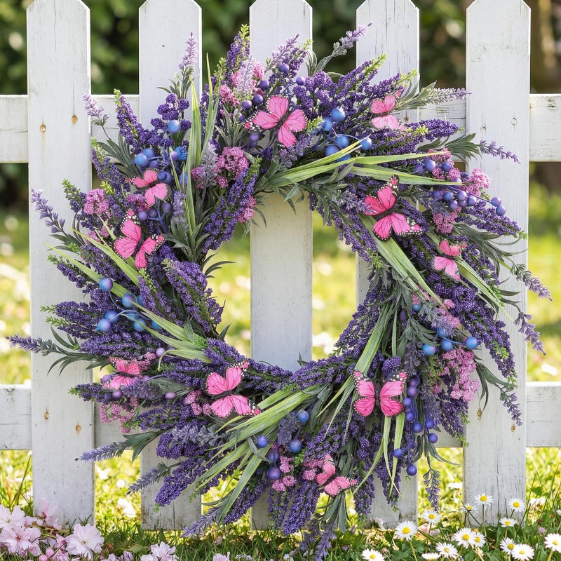 DFRREN Lavender Wreaths for Front Door 24 Inch Spring Summer Wreath with Lavender,Berries, Butterflies,for Year-Round Use Indoors and Outdoors as Wall, Door, Window, Party and Wedding Decorations - Image 2