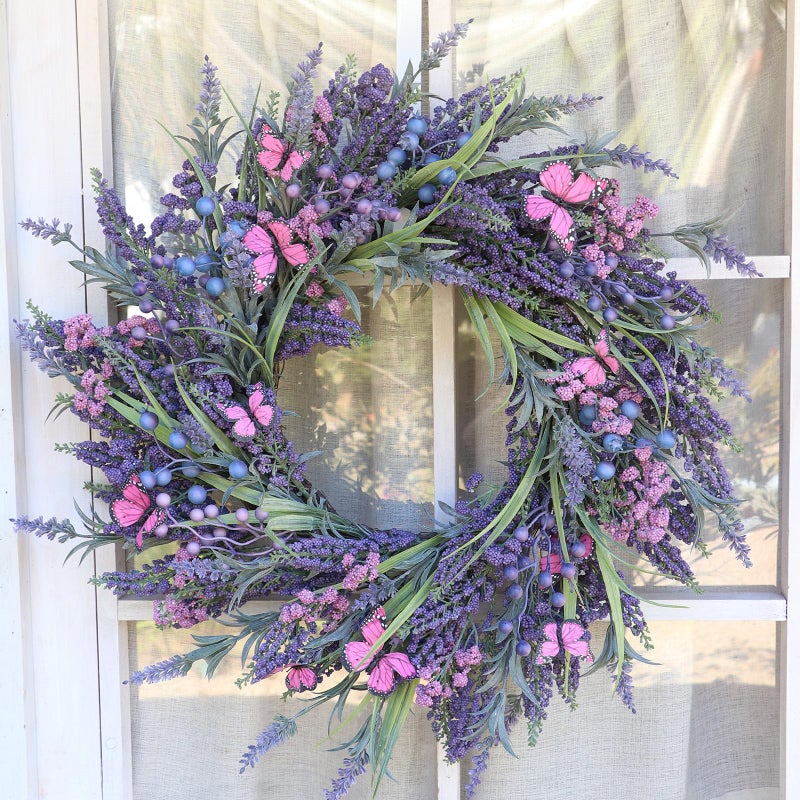 DFRREN Lavender Wreaths for Front Door 24 Inch Spring Summer Wreath with Lavender,Berries, Butterflies,for Year-Round Use Indoors and Outdoors as Wall, Door, Window, Party and Wedding Decorations - Image 4