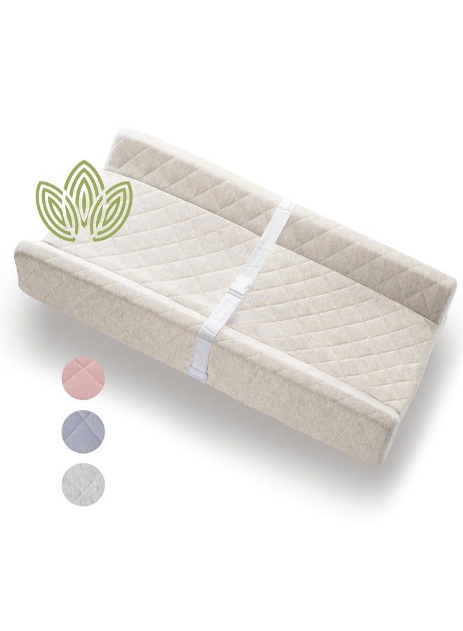 Modera Organic Cotton Contoured Baby Changing Pad w/Waterproof Foam Mattress, Includes Soft, Removable & Washable Cover, Safety Strap, Non-Slip Bottom, Topper for Standard Size Infant Diaper Table & Dresser - Image 1