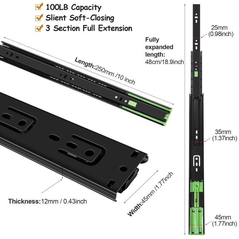 FCOUMY 10 Inch Soft Close Drawer Slides 6 Pairs Ball Bearing Full Extension Cabinet Drawer Slides 3 Fold, Side Mount, 100 Lb Capacity Heavy Duty Drawer Slide 10"" Black - Image 2