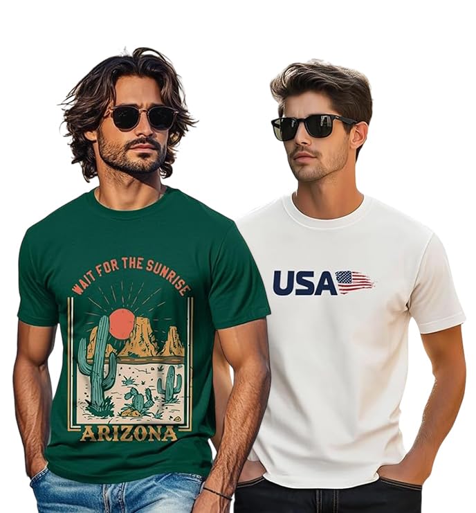 Veirdo® 100% Pure Cotton Regular Fit Cool & Trendy Front Printed Half Sleeve T-Shirt Combo for Men (PO2_TSH_V99_ARGR_USWT_L) - Image 1