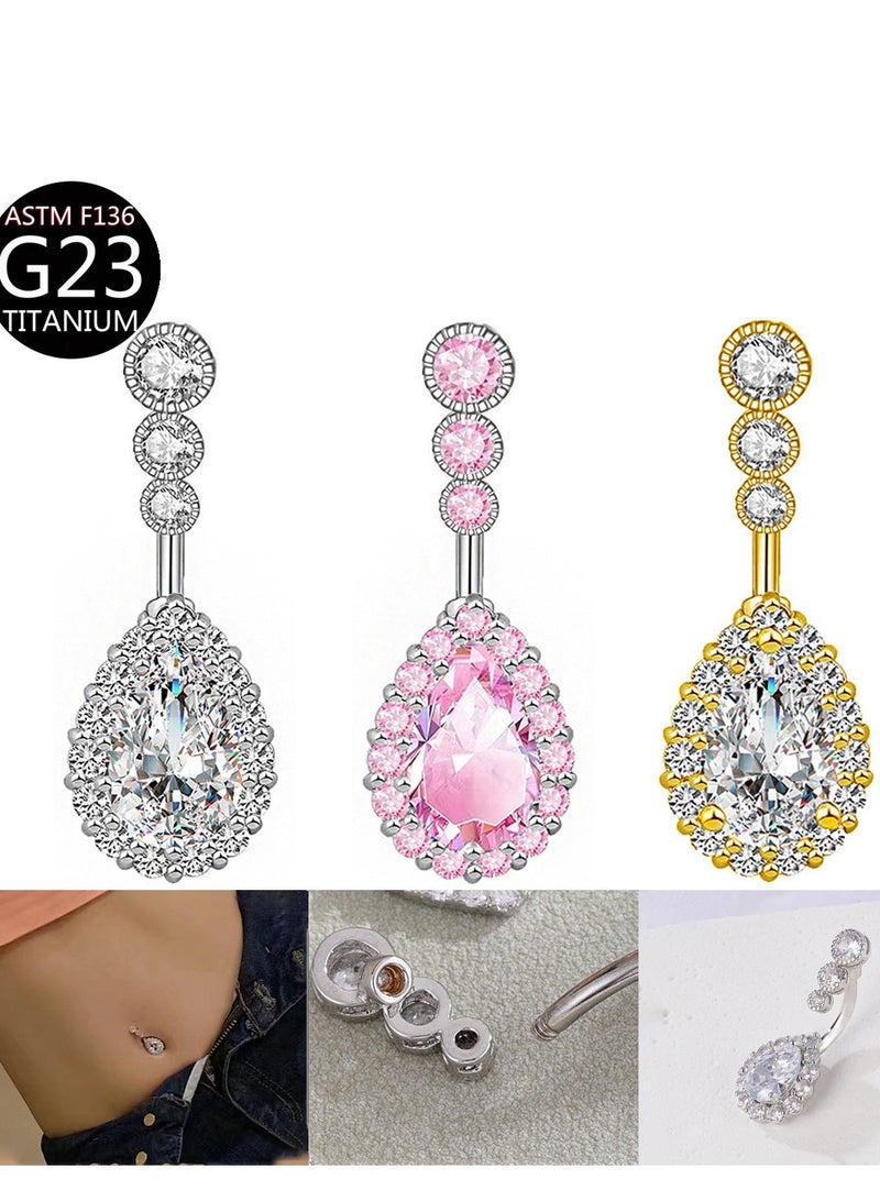 إبرة سرة من التيتانيوم الذهبي المقاوم للحساسية مرصعة بكريستال زركون فضي على شكل قطرة ماء - تصميم ملكي فاخر