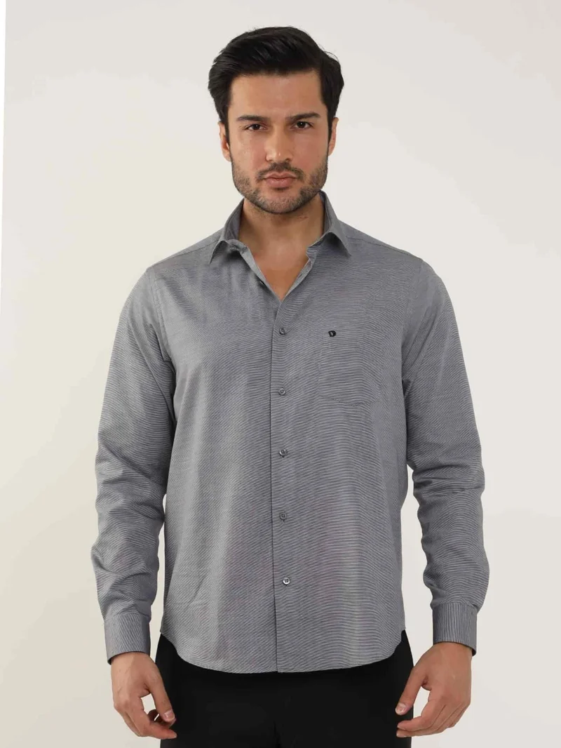 Dufy Black Men's Regular Fit Striped Brent Collar Long Sleeve Shirt - 104324