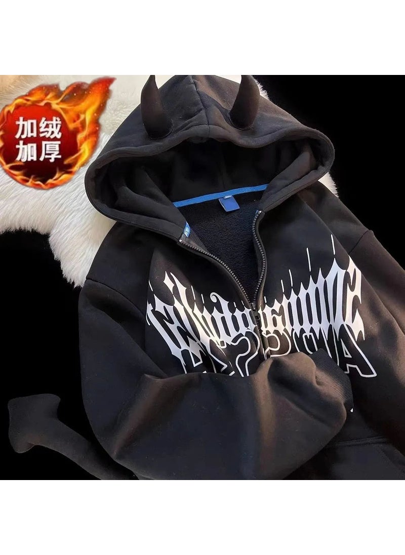 Generic DIPAX Original Streetwear Dark Demon Zip Hoodie Black fleece-lined thick [double-layer hat]] 