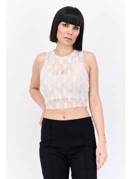 Women Crew Neck Sleeveless Embroidered Top, White