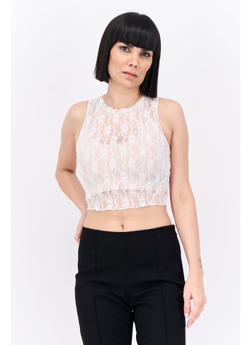 Bershka - Women Crew Neck Sleeveless Embroidered Top, White - Image 1
